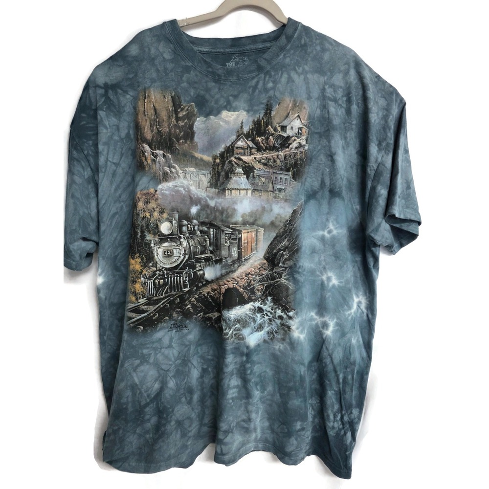 The Mountain Train Steam Engine Tie Dye Graphic T-Shirt Mens 3XL Blue Grey